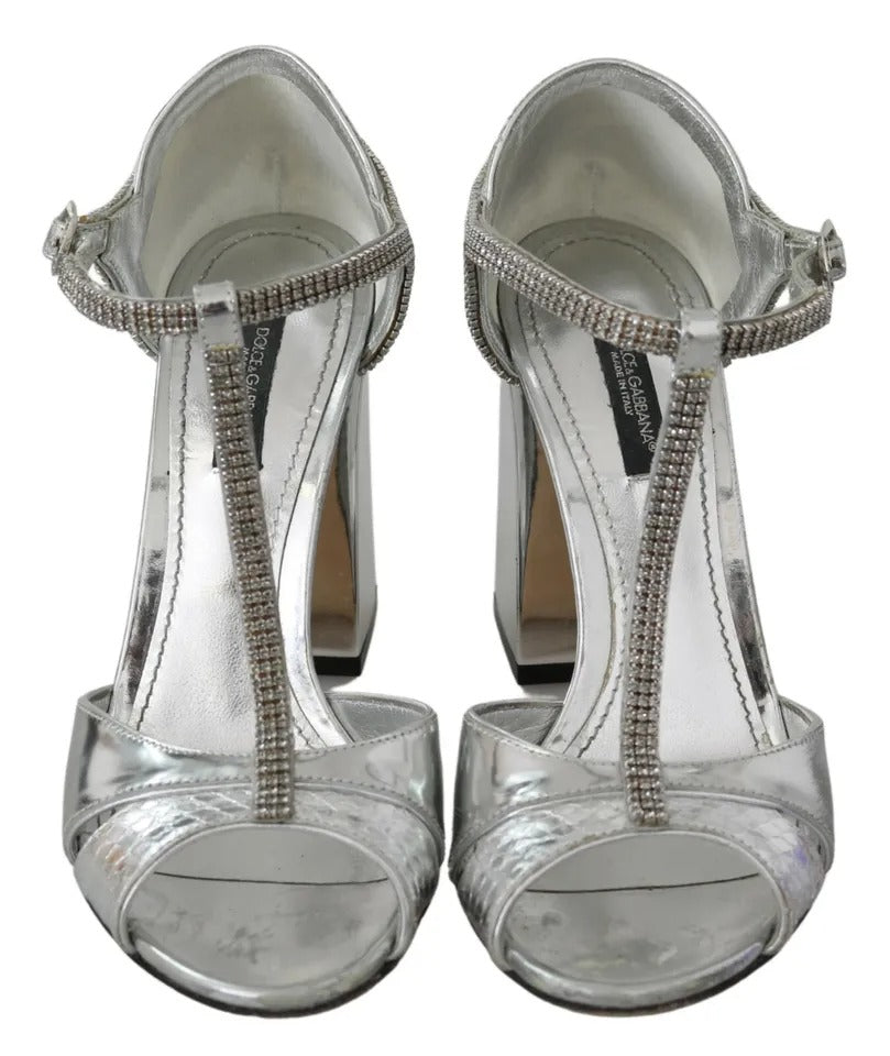 Dolce & Gabbana Silver Crystals T-strap Sandals Leather Women's Shoes (Pre-Owned)