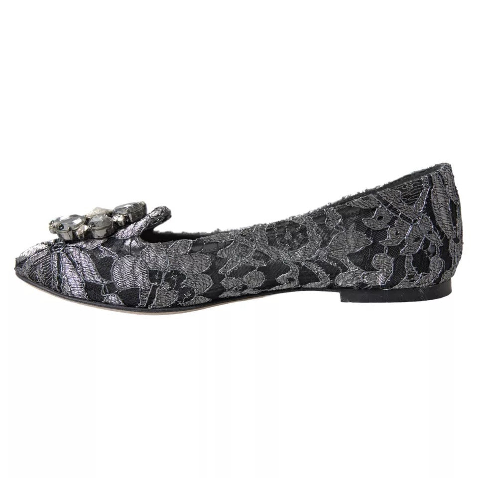 Dolce & Gabbana Gray Black Lace Crystal Ballet Loafers Women's Shoes (Pre-Owned)