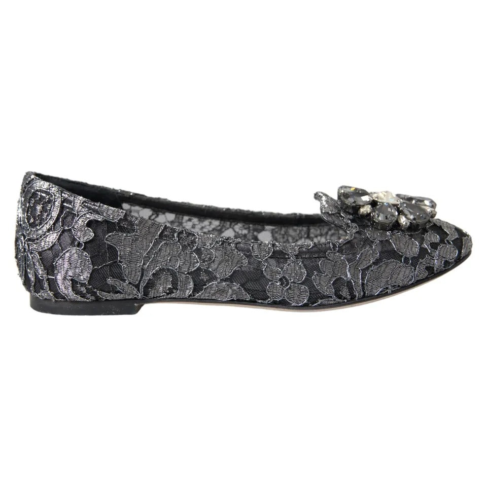 Dolce & Gabbana Gray Black Lace Crystal Ballet Loafers Women's Shoes (Pre-Owned)