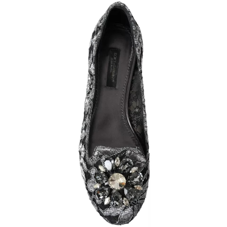 Dolce & Gabbana Gray Black Lace Crystal Ballet Loafers Women's Shoes (Pre-Owned)