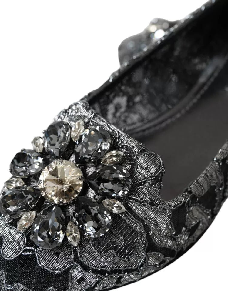 Dolce & Gabbana Gray Black Lace Crystal Ballet Loafers Women's Shoes (Pre-Owned)