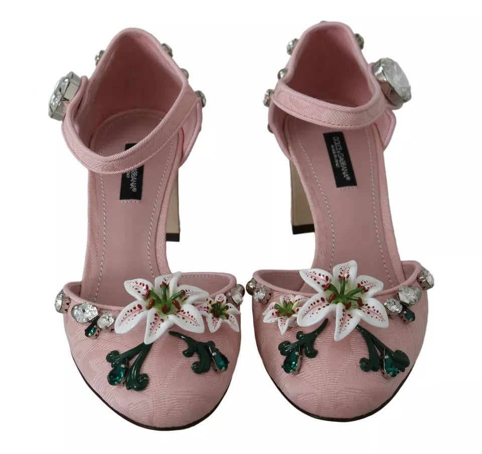 Dolce & Gabbana Pink Brocade Crystal Lily Ankle Strap Women's Shoes (Pre-Owned)