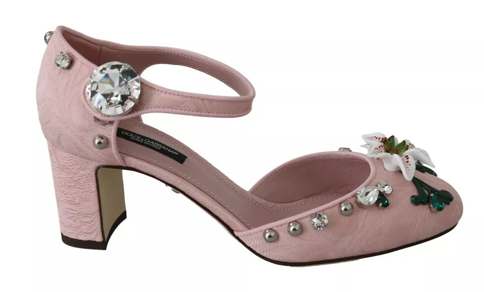Dolce & Gabbana Pink Brocade Crystal Lily Ankle Strap Women's Shoes (Pre-Owned)