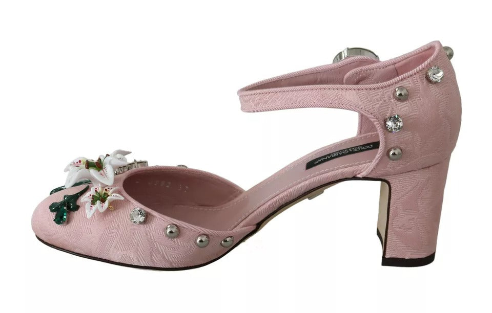 Dolce & Gabbana Pink Brocade Crystal Lily Ankle Strap Women's Shoes (Pre-Owned)