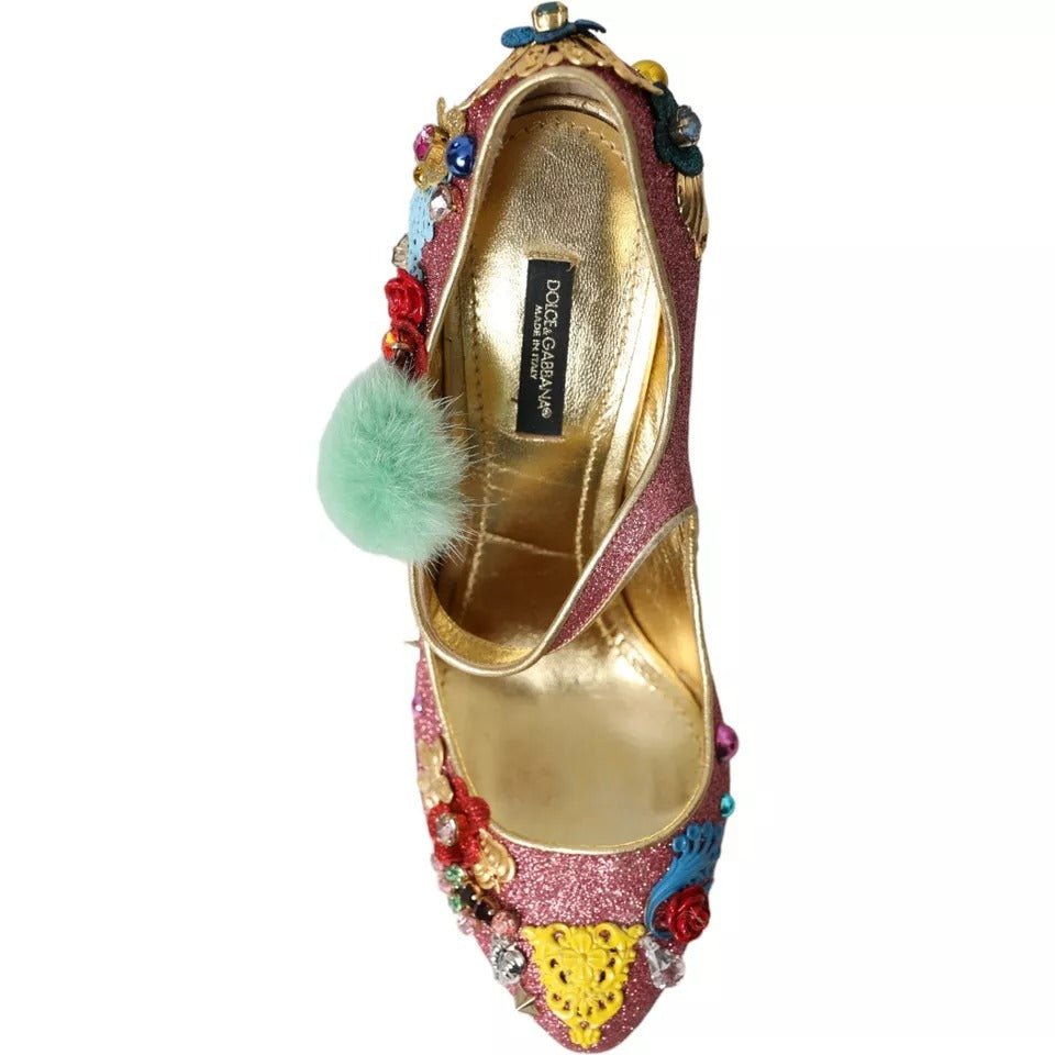 Dolce & Gabbana Pink Embellished Fur Mary Jane Pumps Women's Shoes (Pre-Owned)