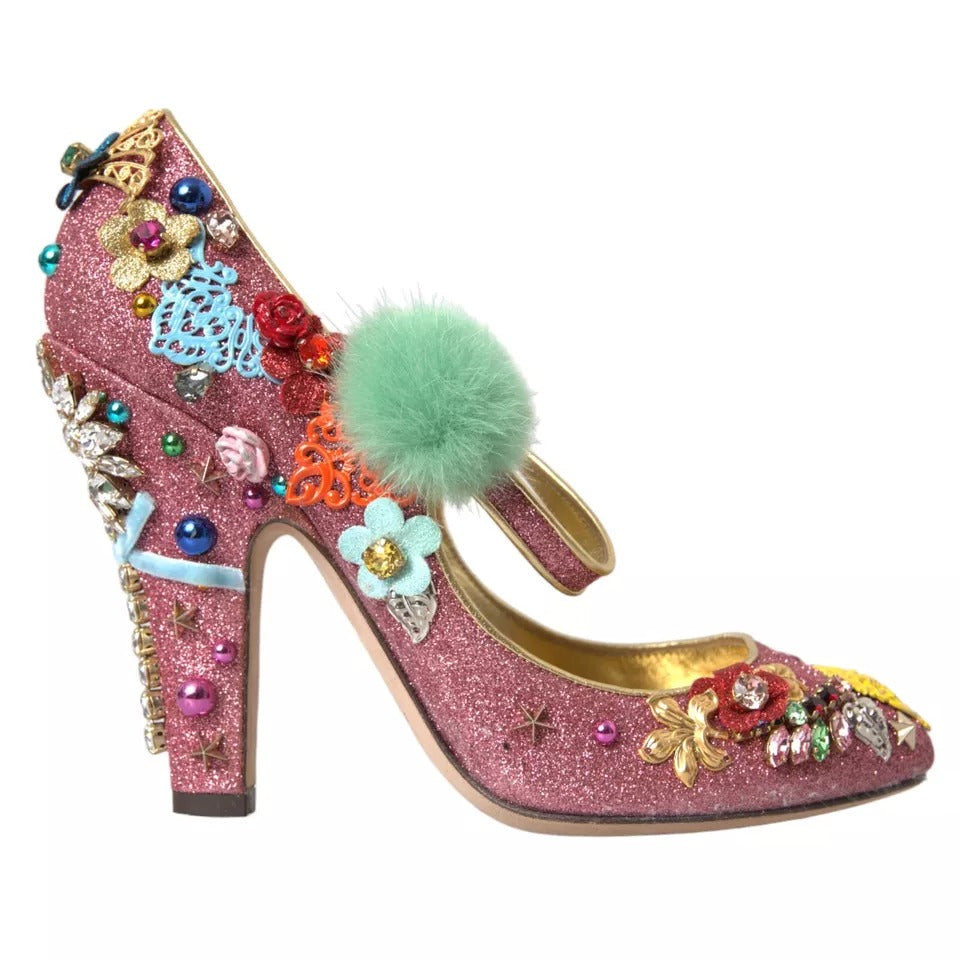 Dolce & Gabbana Pink Embellished Fur Mary Jane Pumps Women's Shoes (Pre-Owned)