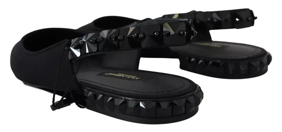 Dolce & Gabbana Black Flats Crystal Slingback Charmeuse Women's Shoes (Pre-Owned)