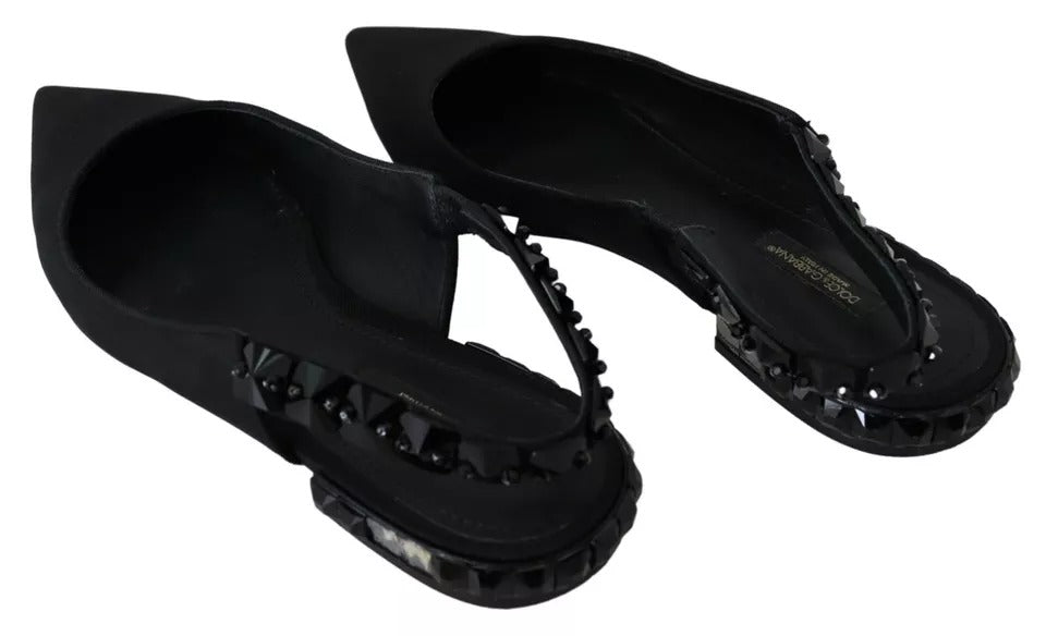 Dolce & Gabbana Black Flats Crystal Slingback Charmeuse Women's Shoes (Pre-Owned)