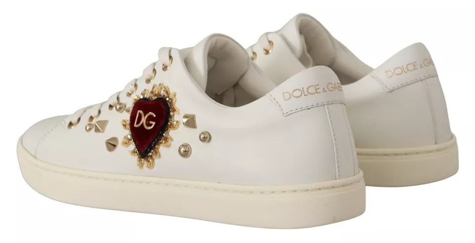 Dolce & Gabbana White Leather Gold Red Heart Sneakers Women's Shoes