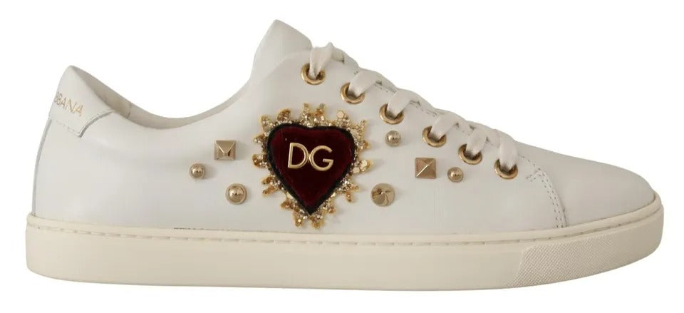 Dolce & Gabbana White Leather Gold Red Heart Sneakers Women's Shoes