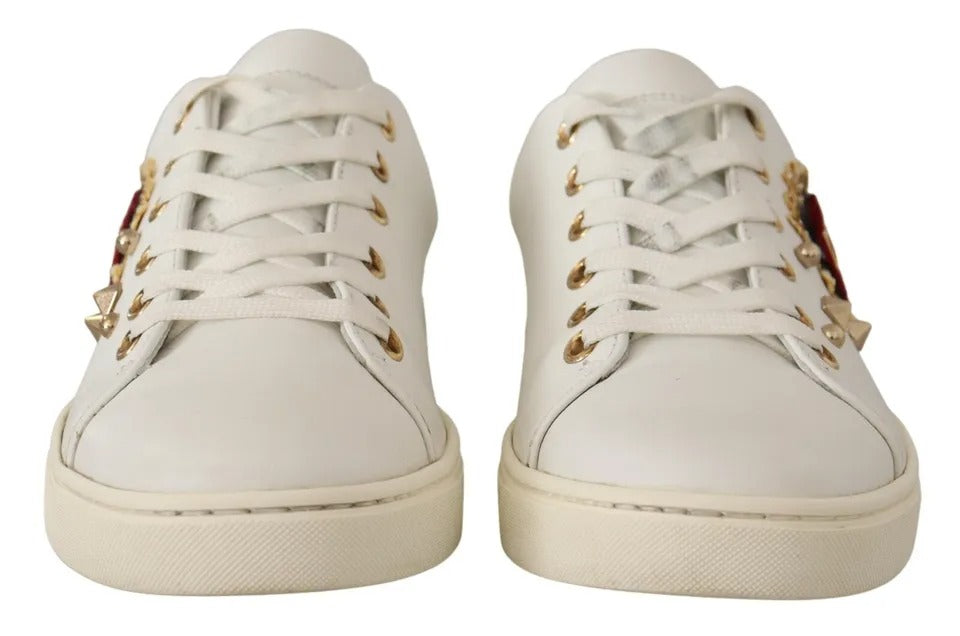 Dolce & Gabbana White Leather Gold Red Heart Sneakers Women's Shoes