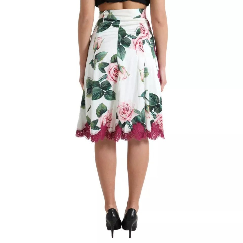 Dolce & Gabbana White Rose Print High Waist Midi A-line Women's Skirt (Pre-Owned)