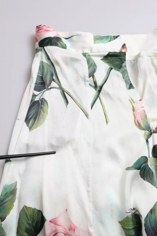 Dolce & Gabbana White Rose Print High Waist Midi A-line Women's Skirt (Pre-Owned)