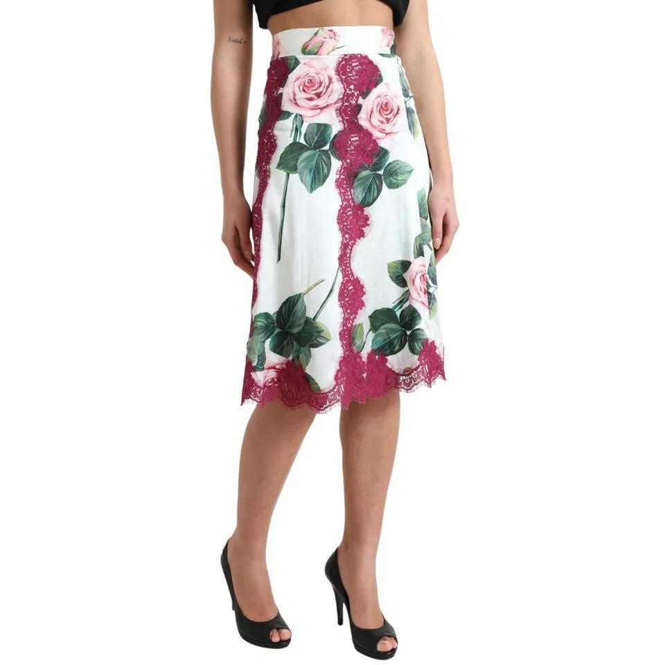 Dolce & Gabbana White Rose Print High Waist Midi A-line Women's Skirt (Pre-Owned)