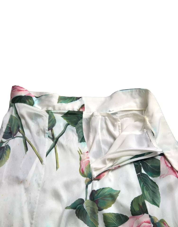 Dolce & Gabbana White Rose Print High Waist Midi A-line Women's Skirt (Pre-Owned)