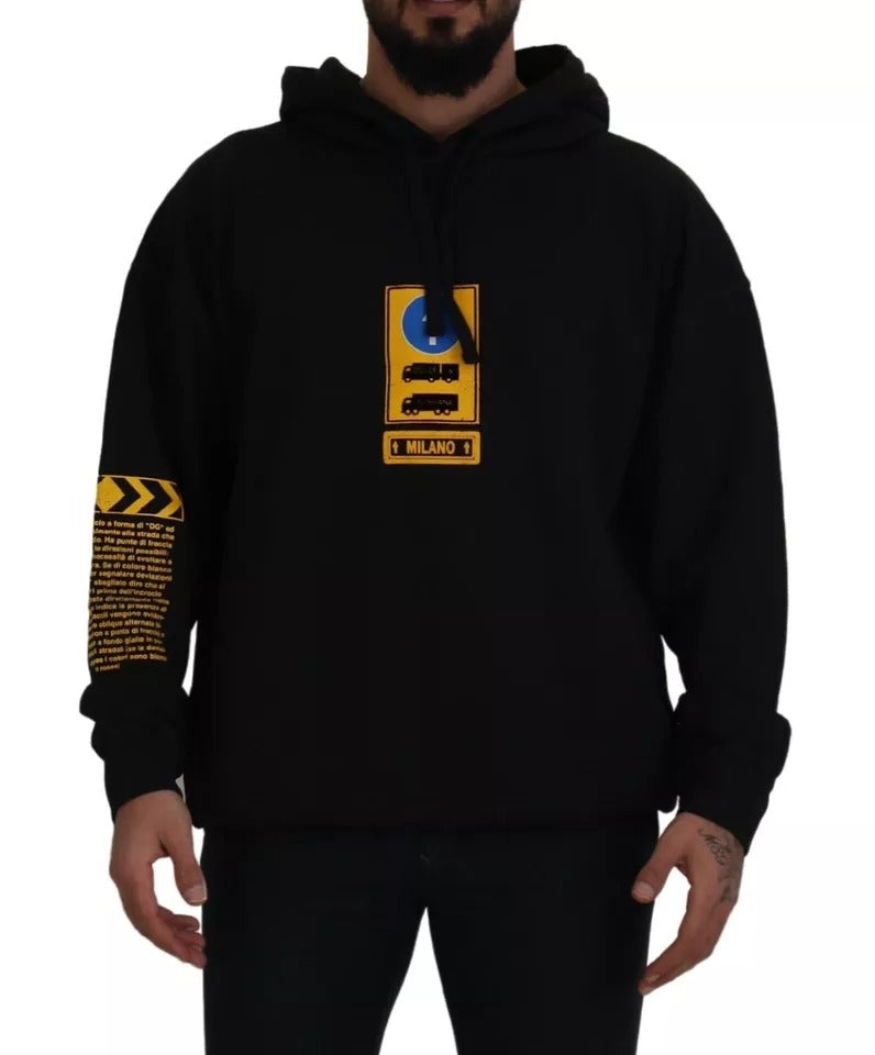 Dolce & Gabbana Black Cotton Logo Hooded Sweatshirt Men's Sweater