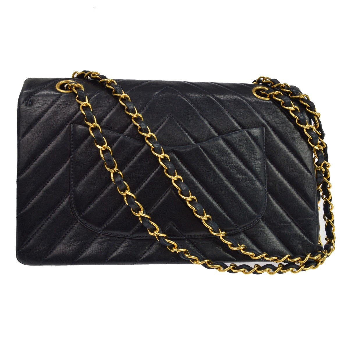 Chanel Vintage Classic Double Flap Chevron Lambskin Black Leather Shoulder Bag Bag (Pre-Owned)