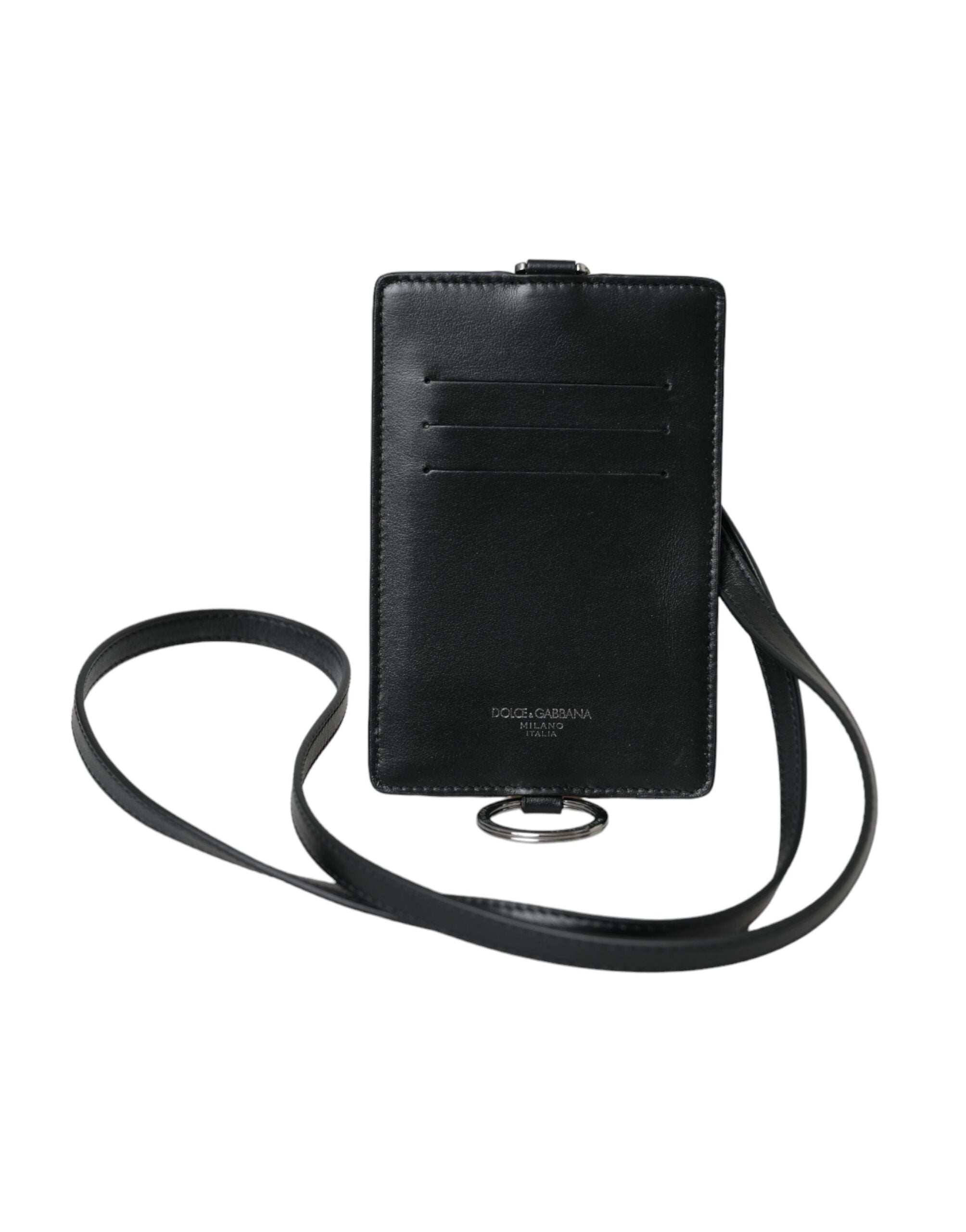 Dolce & Gabbana Black Calf Leather Lanyard Logo Card Holder Men Men's Wallet