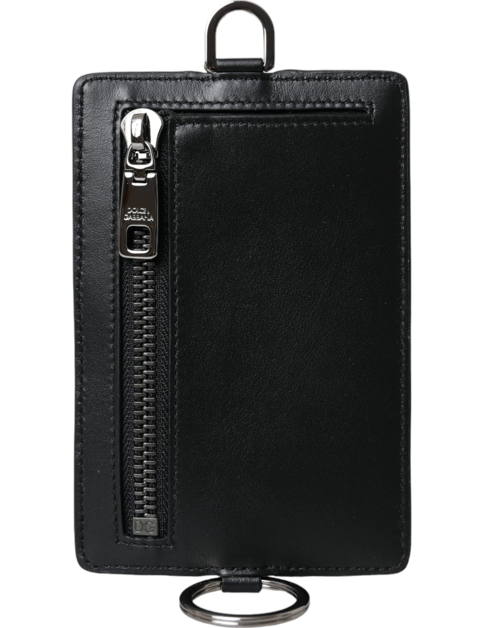 Dolce & Gabbana Black Calf Leather Lanyard Logo Card Holder Men Men's Wallet
