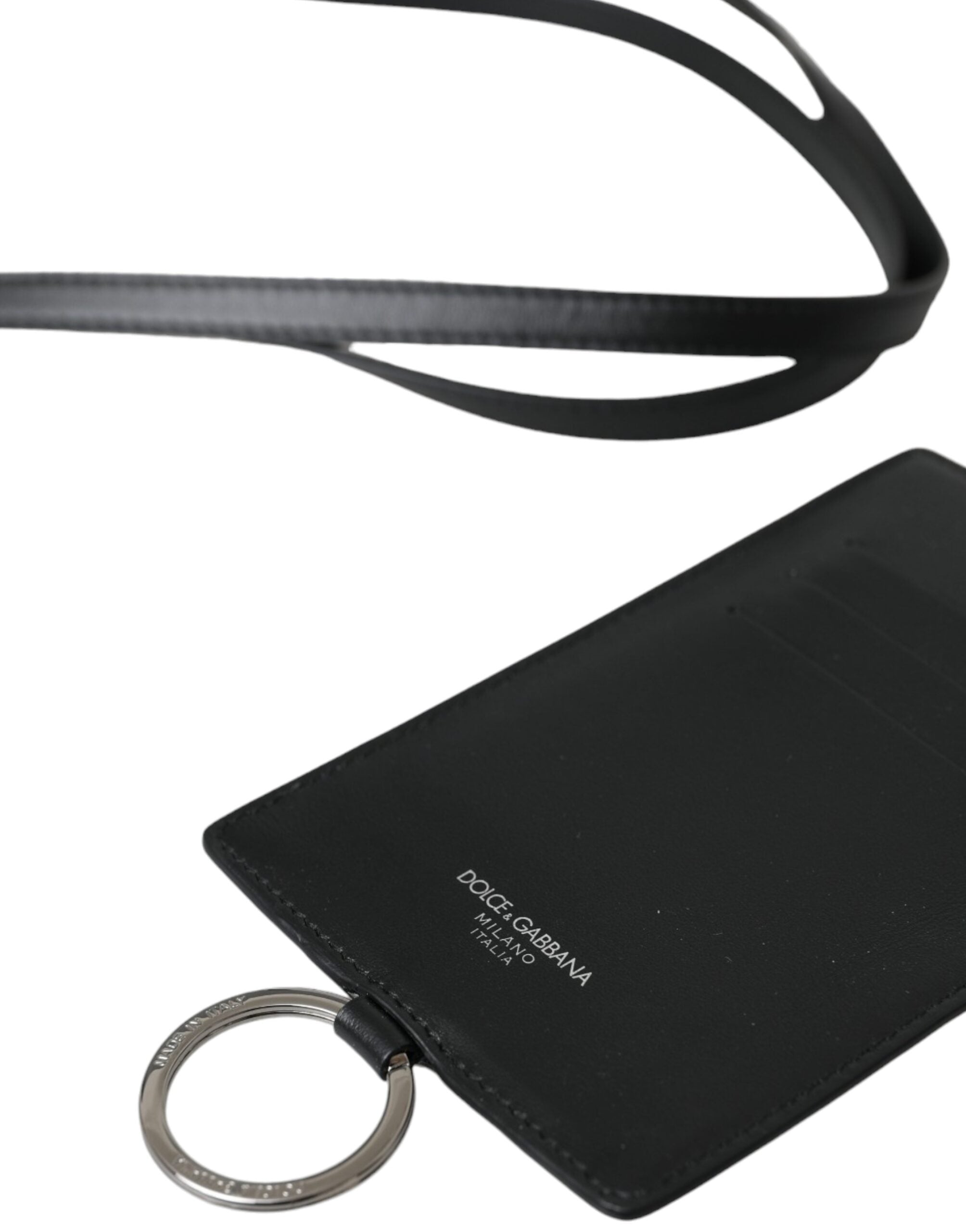 Dolce & Gabbana Black Calf Leather Lanyard Logo Card Holder Men Men's Wallet
