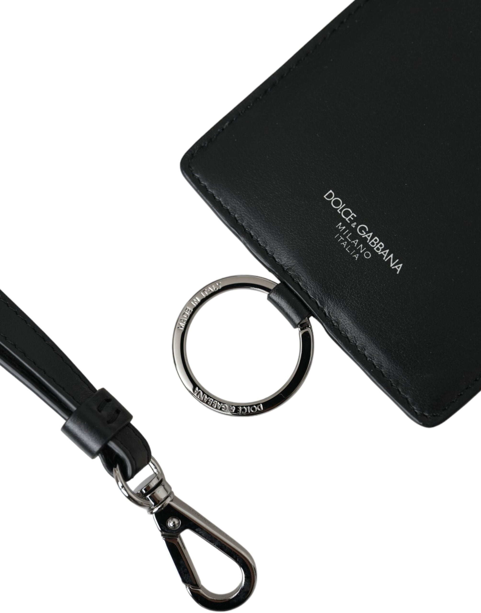Dolce & Gabbana Black Calf Leather Lanyard Logo Card Holder Men Men's Wallet