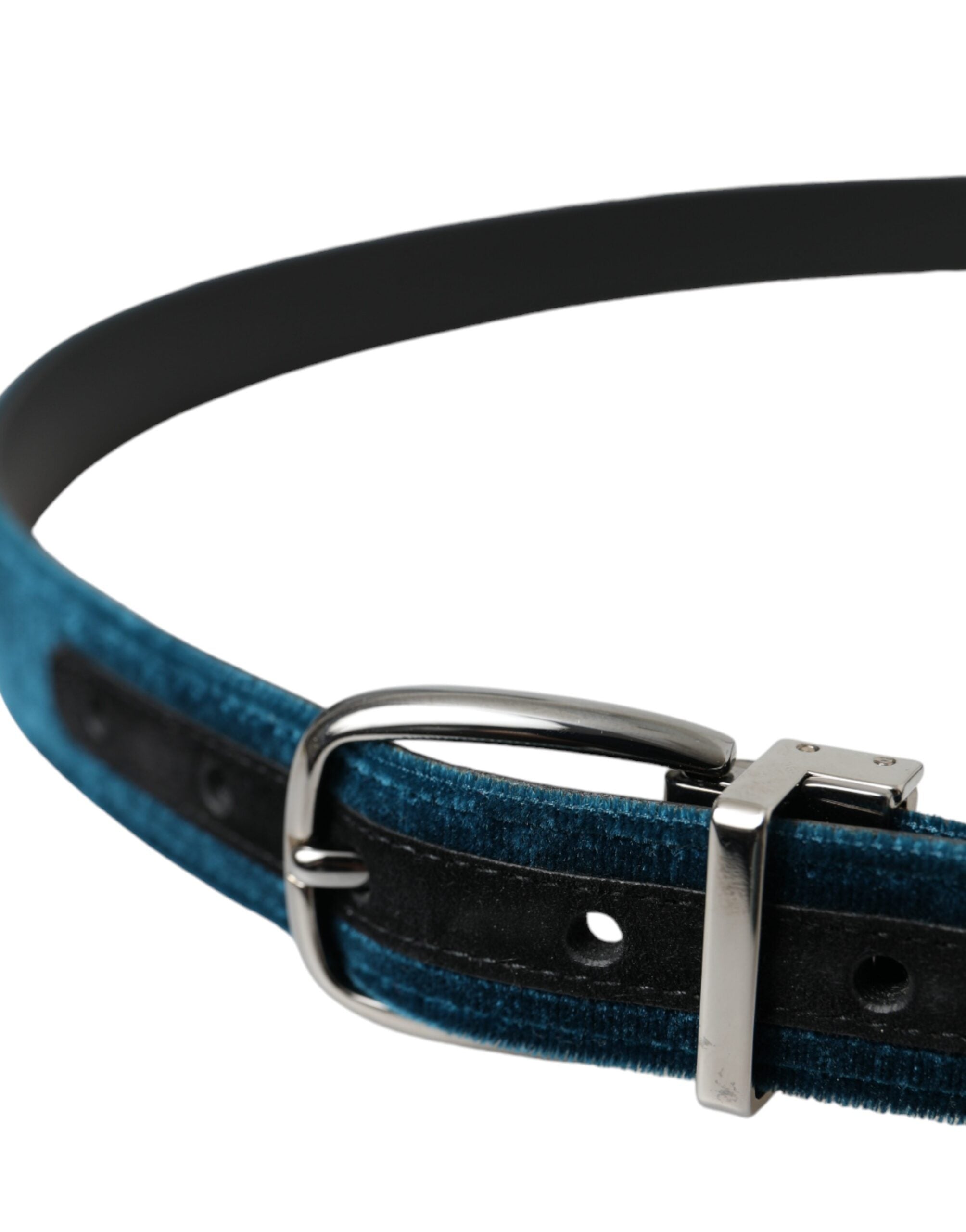 Dolce & Gabbana Blue Velvet Leather Silver Metal Buckle Men's Belt