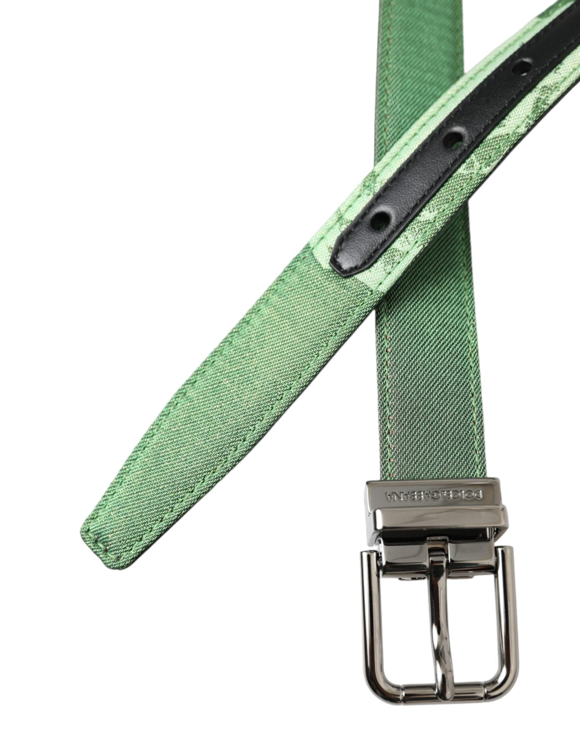 Dolce & Gabbana Green Leather Jacquard Silver Metal Buckle Men's Belt
