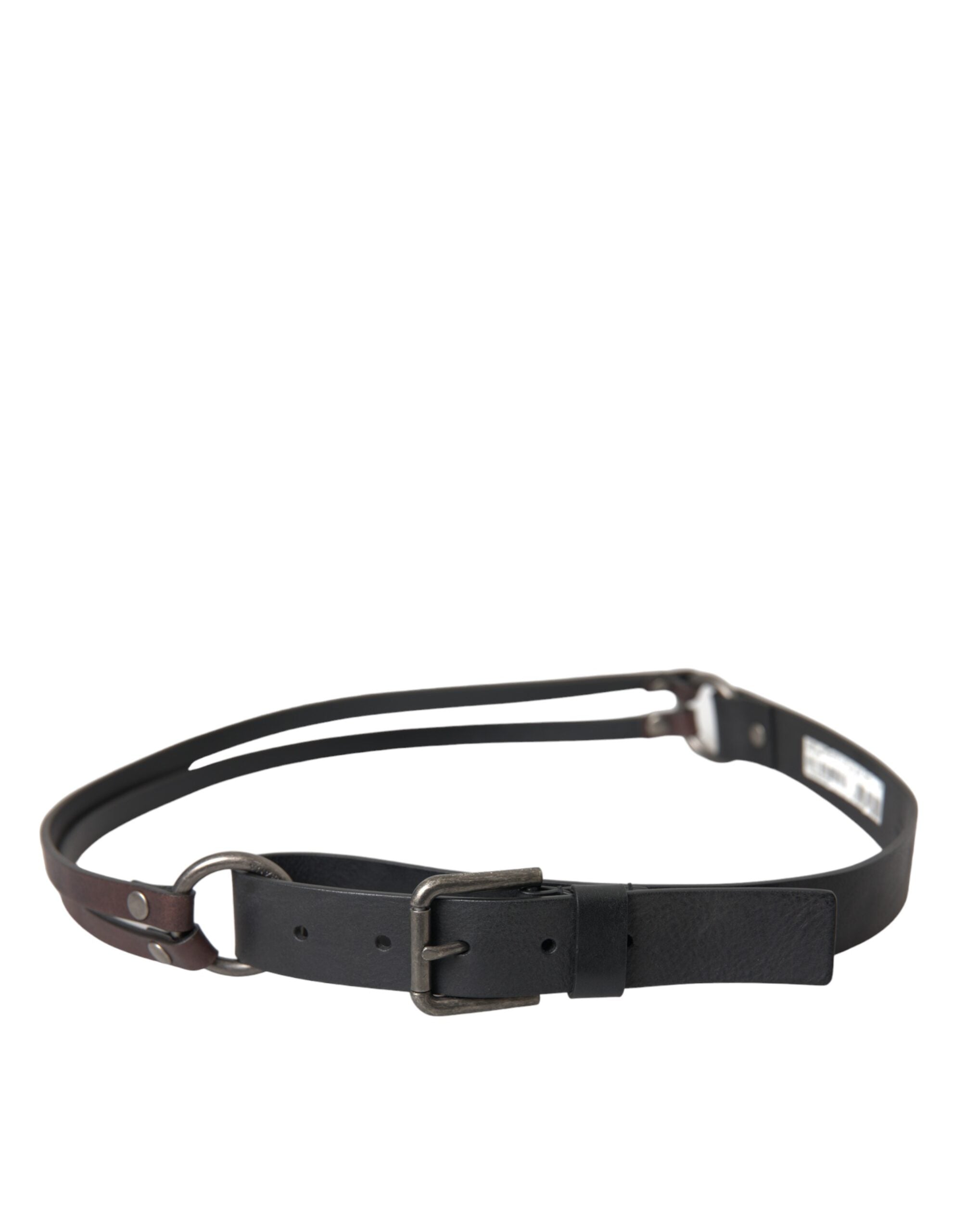 Dolce & Gabbana Black Brown Leather Silver Metal Buckle Men's Belt