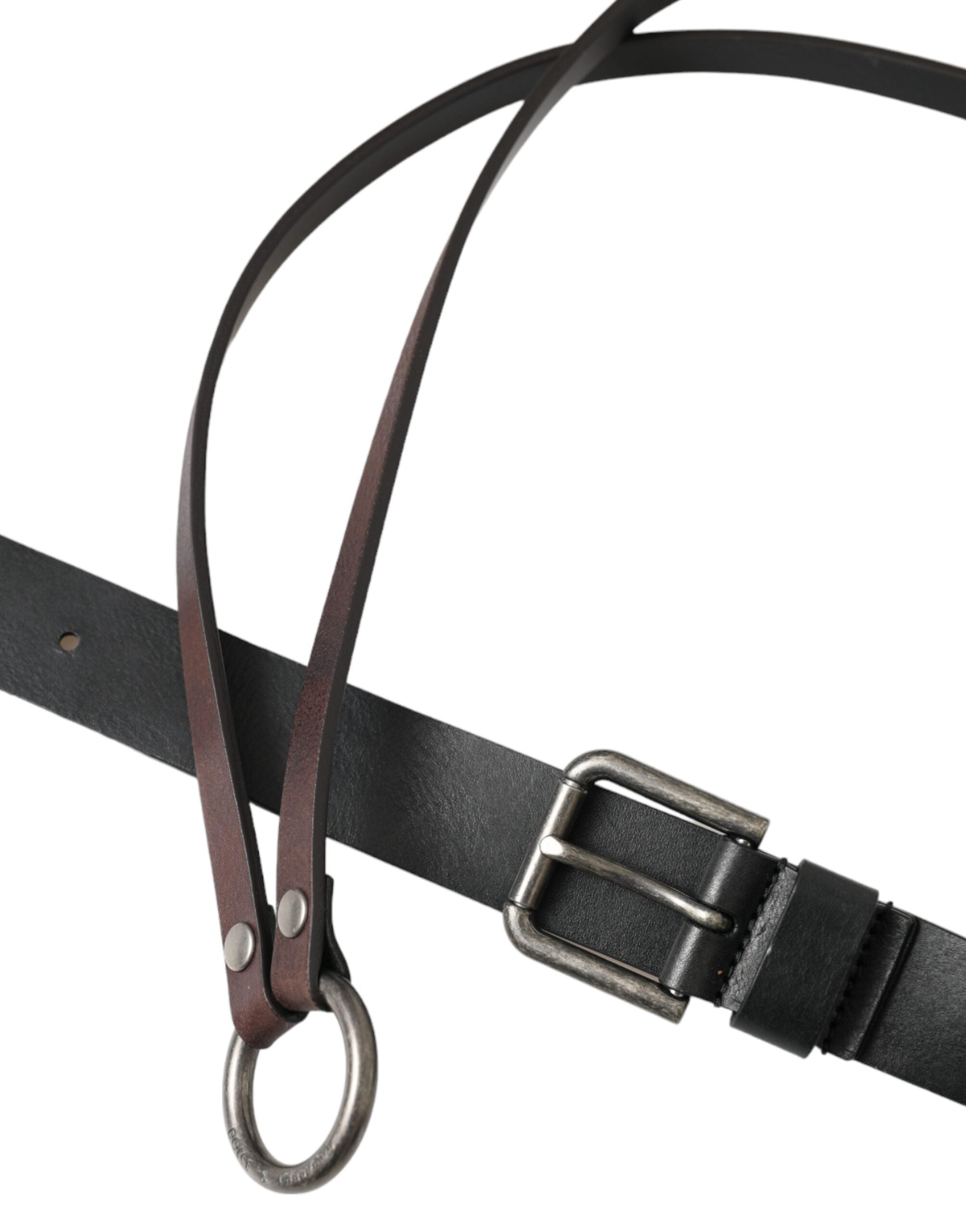 Dolce & Gabbana Black Brown Leather Silver Metal Buckle Men's Belt