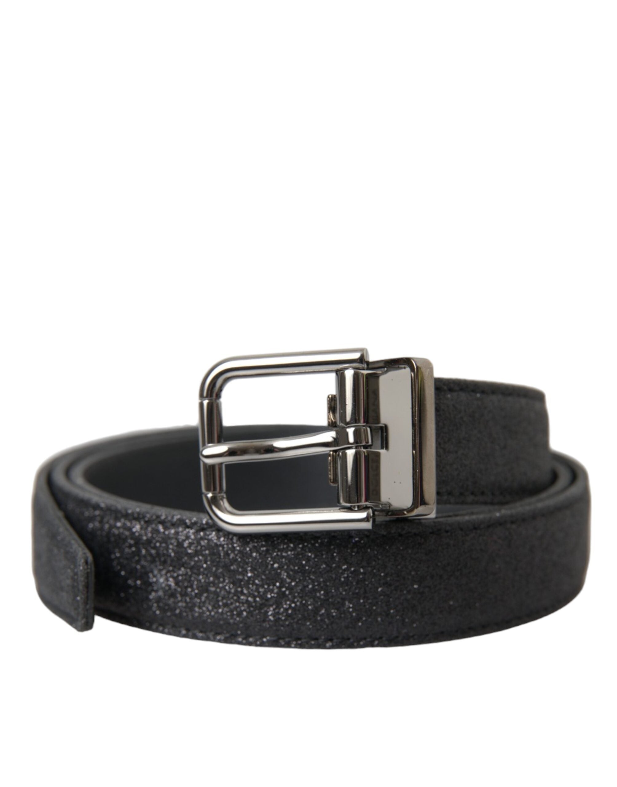 Dolce & Gabbana Black Glittered Leather Silver Buckle Women's Belt