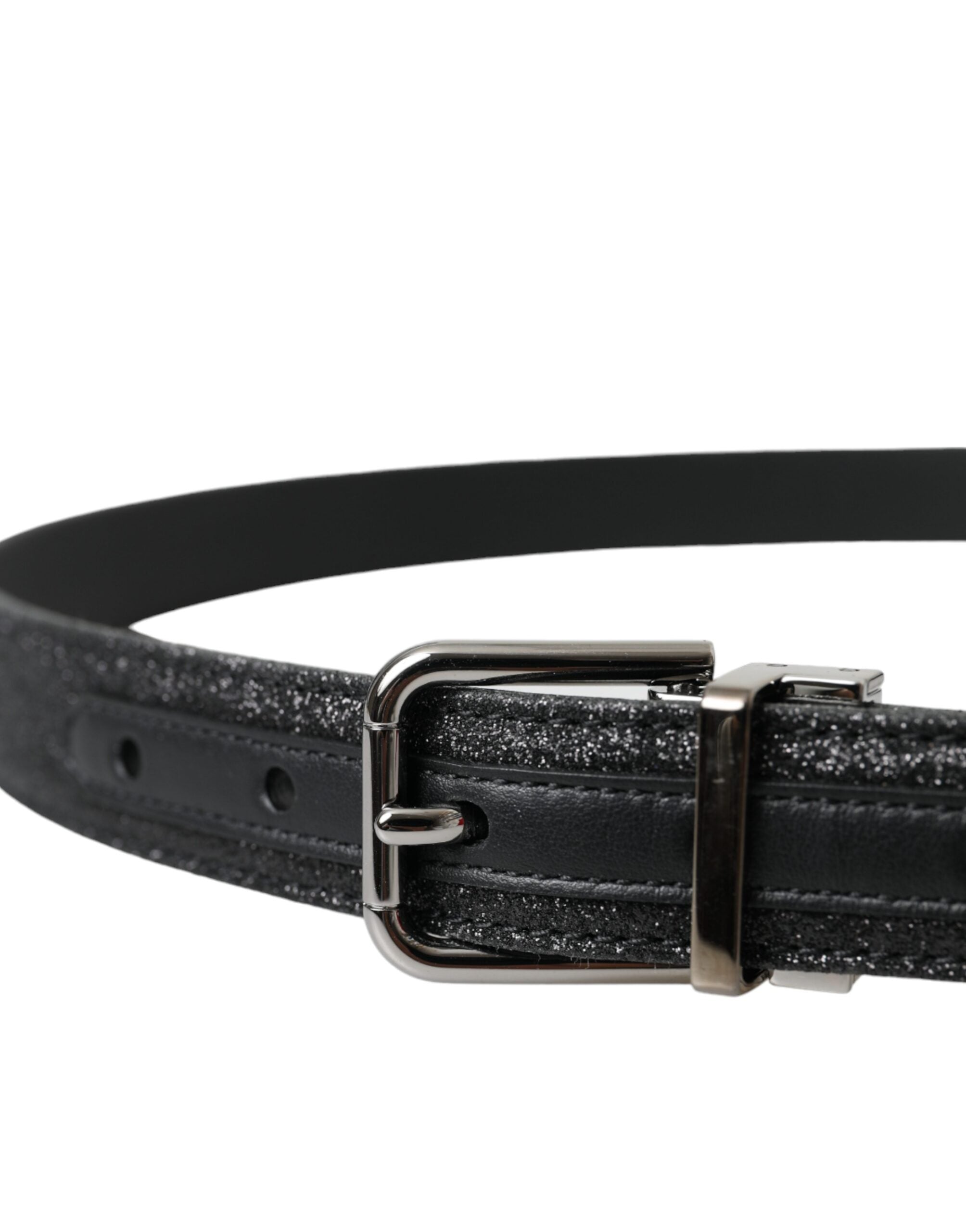 Dolce & Gabbana Black Glittered Leather Silver Buckle Women's Belt