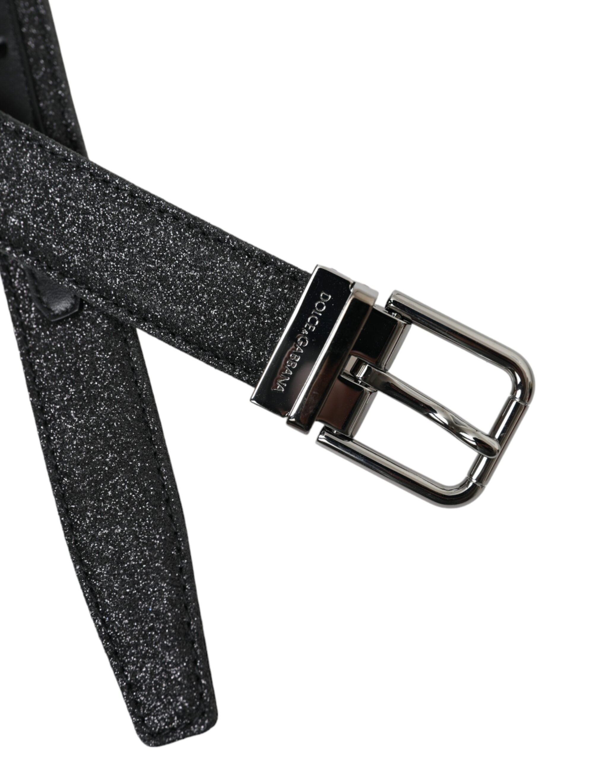 Dolce & Gabbana Black Glittered Leather Silver Buckle Women's Belt