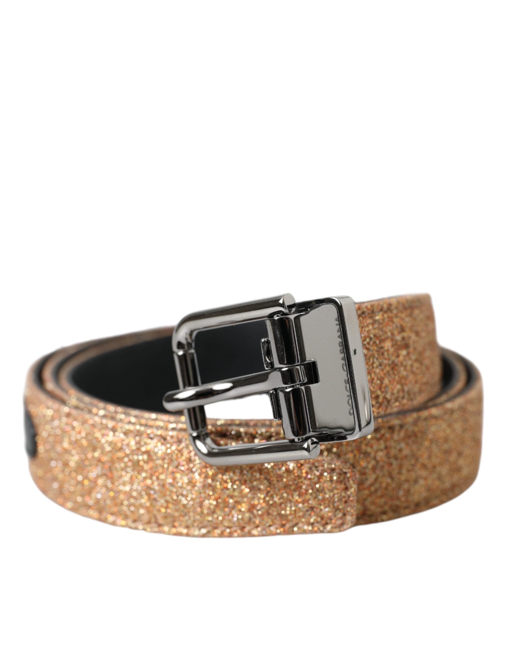 Dolce & Gabbana Gold Glitter Leather Silver Metal Buckle Women's Belt