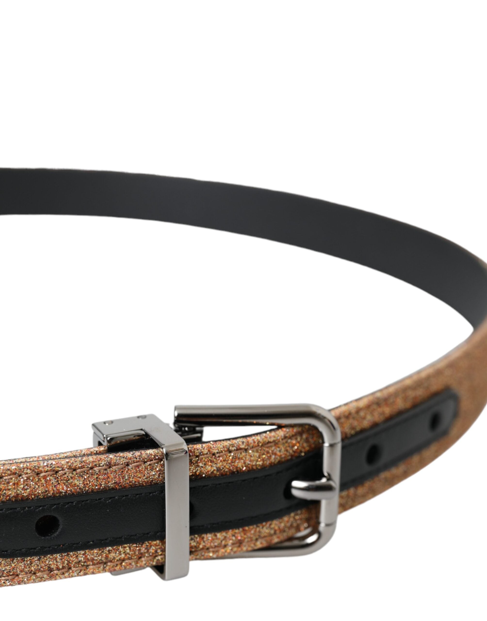 Dolce & Gabbana Gold Glitter Leather Silver Metal Buckle Women's Belt