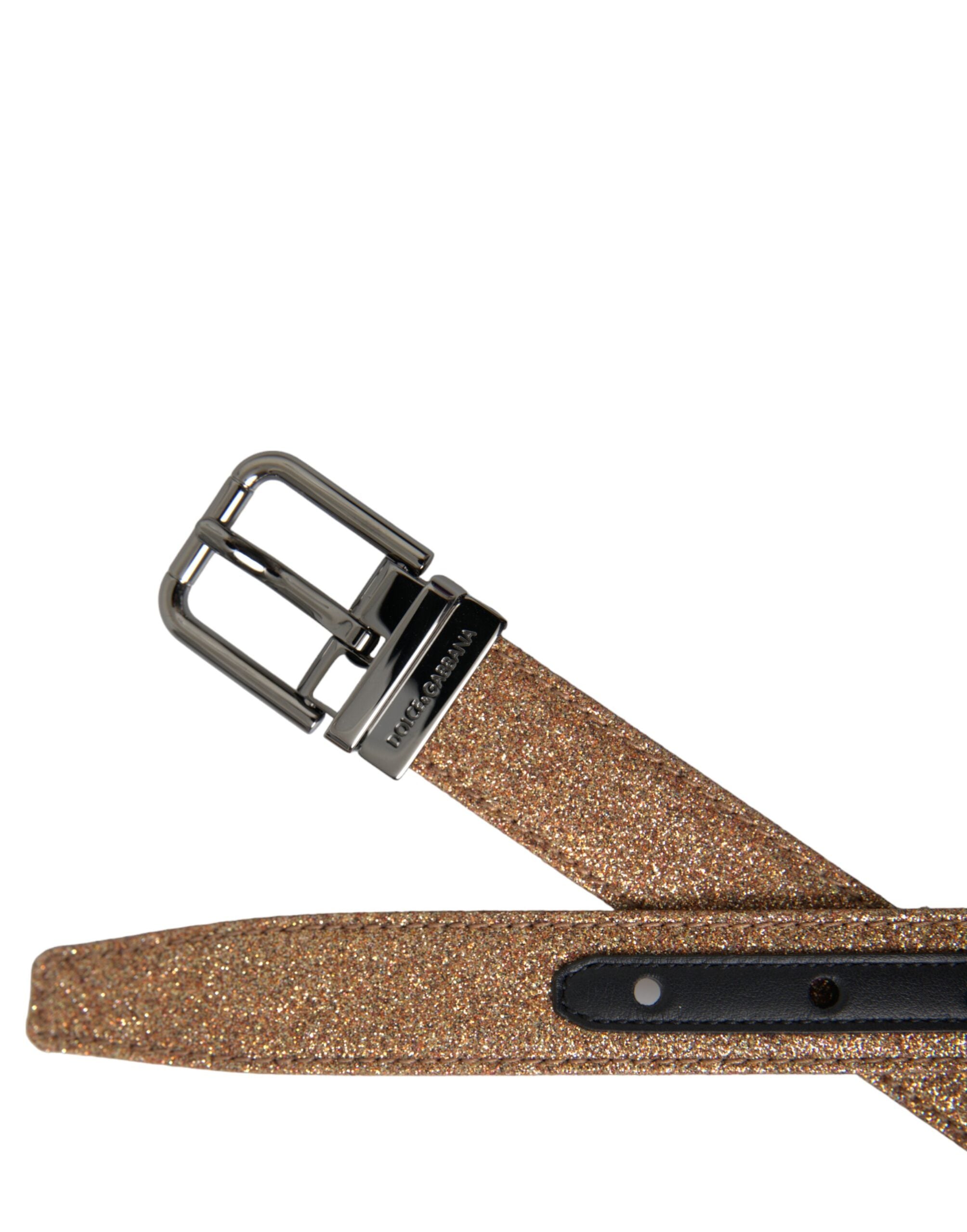 Dolce & Gabbana Gold Glitter Leather Silver Metal Buckle Women's Belt