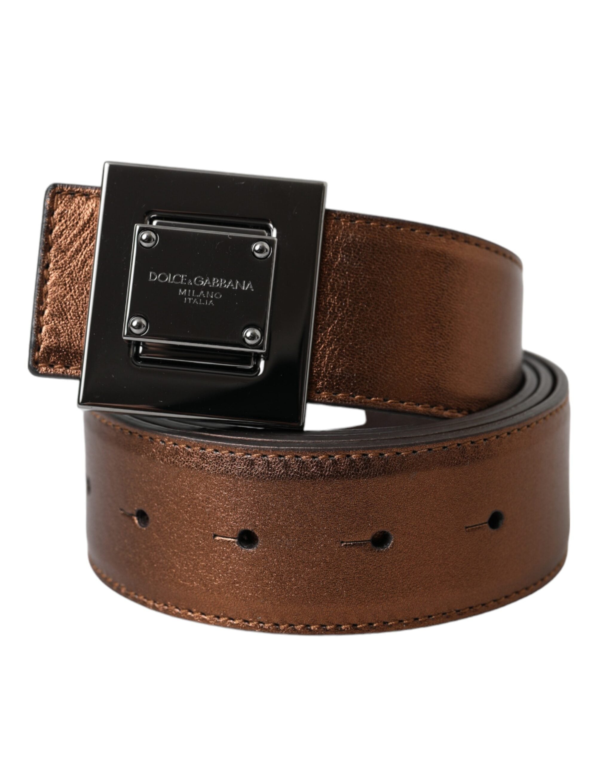 Dolce & Gabbana Metallic Bronze Leather Square Metal Buckle Women's Belt