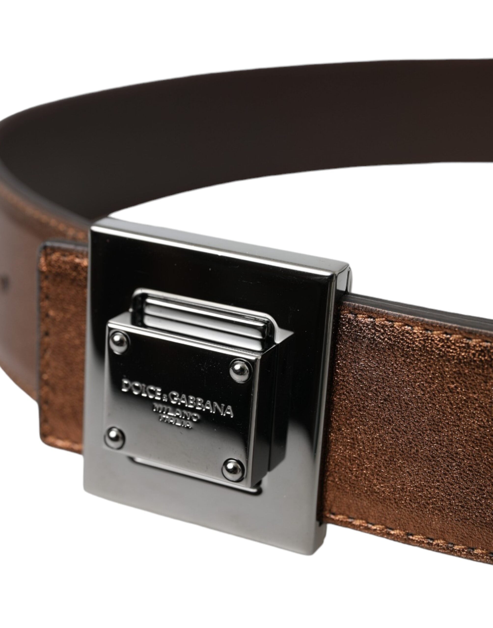 Dolce & Gabbana Metallic Bronze Leather Square Metal Buckle Women's Belt
