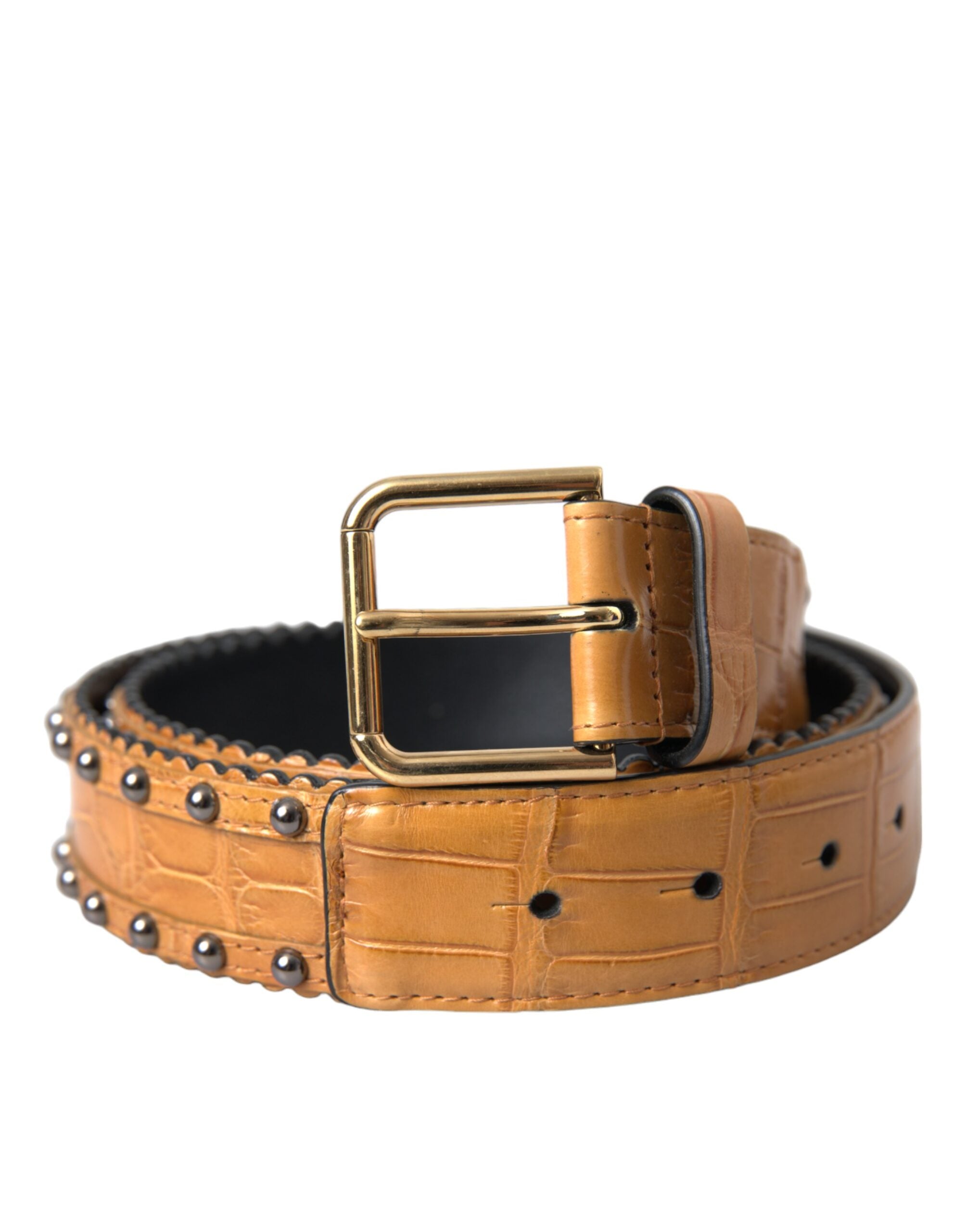Dolce & Gabbana Beige Alligator Leather Studded Metal Buckle Women's Belt