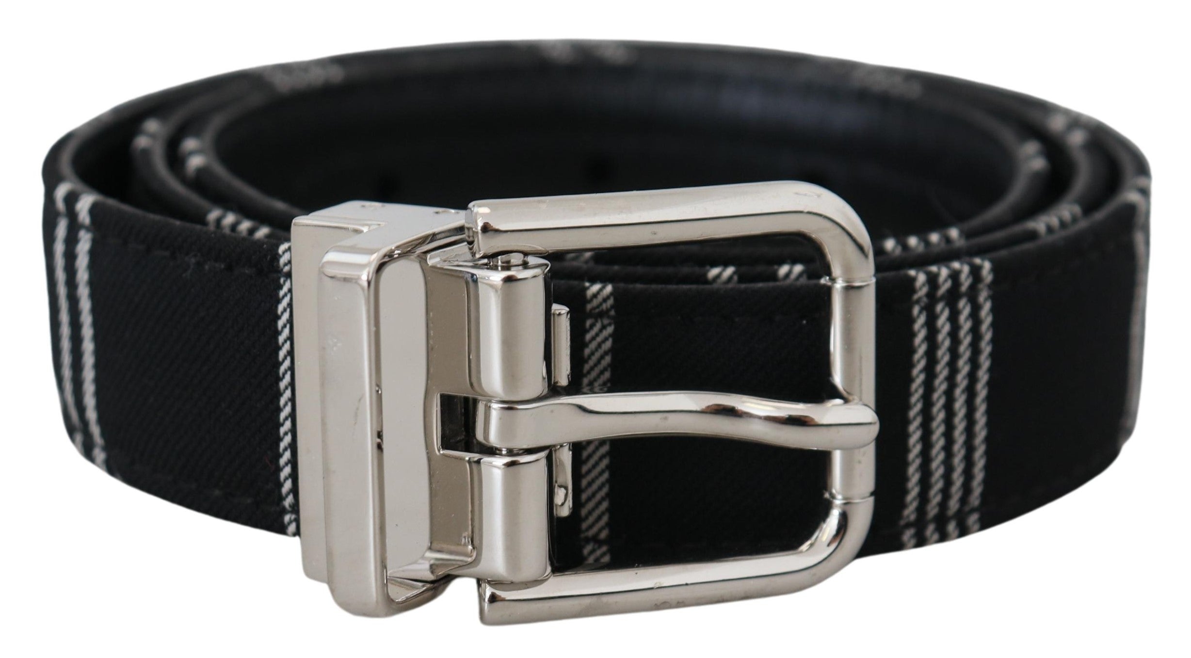 Dolce & Gabbana Black White Cotton Metal Silver Buckle Women's Belt