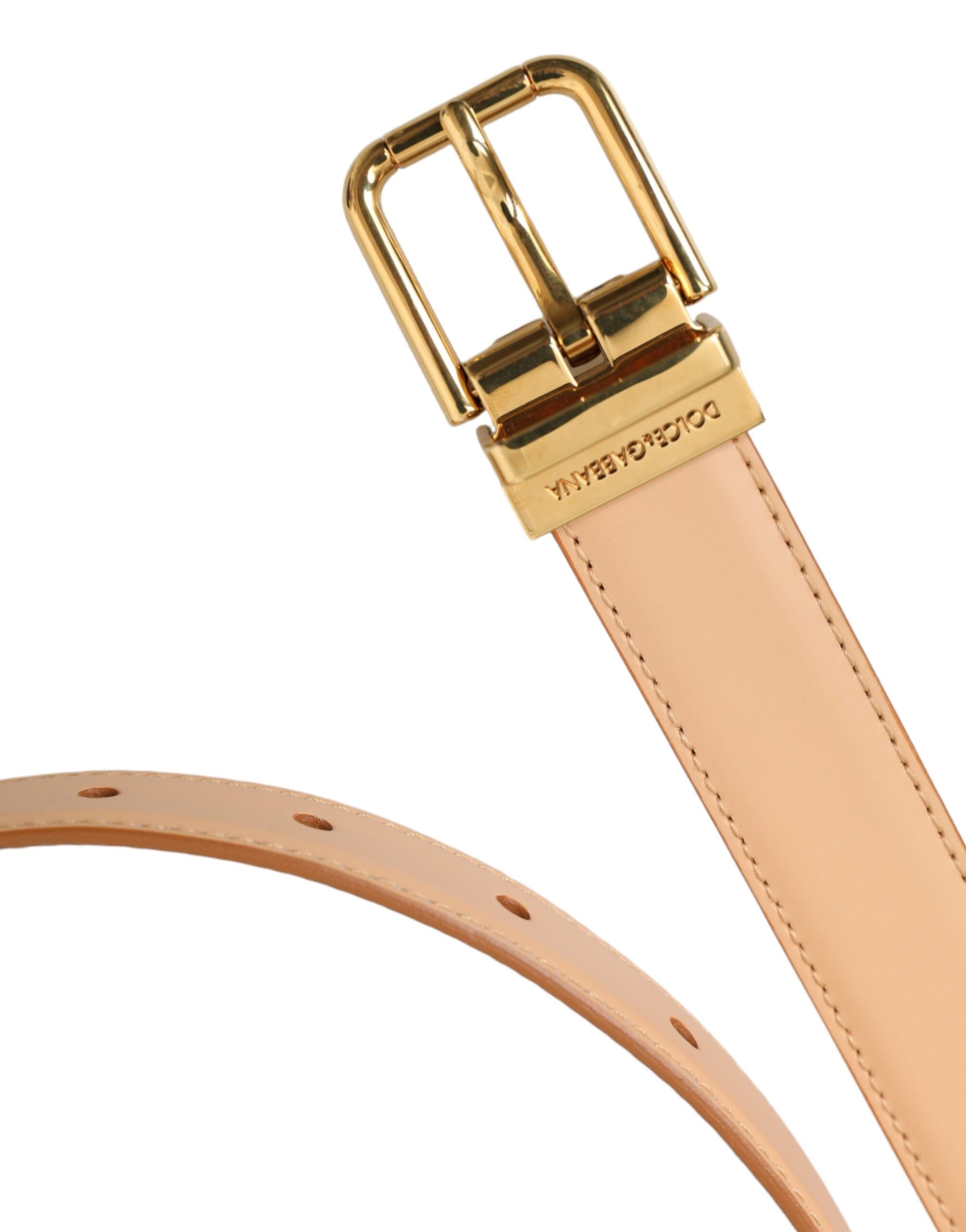 Dolce & Gabbana Beige Calfskin Leather Gold Metal Buckle Women's Belt