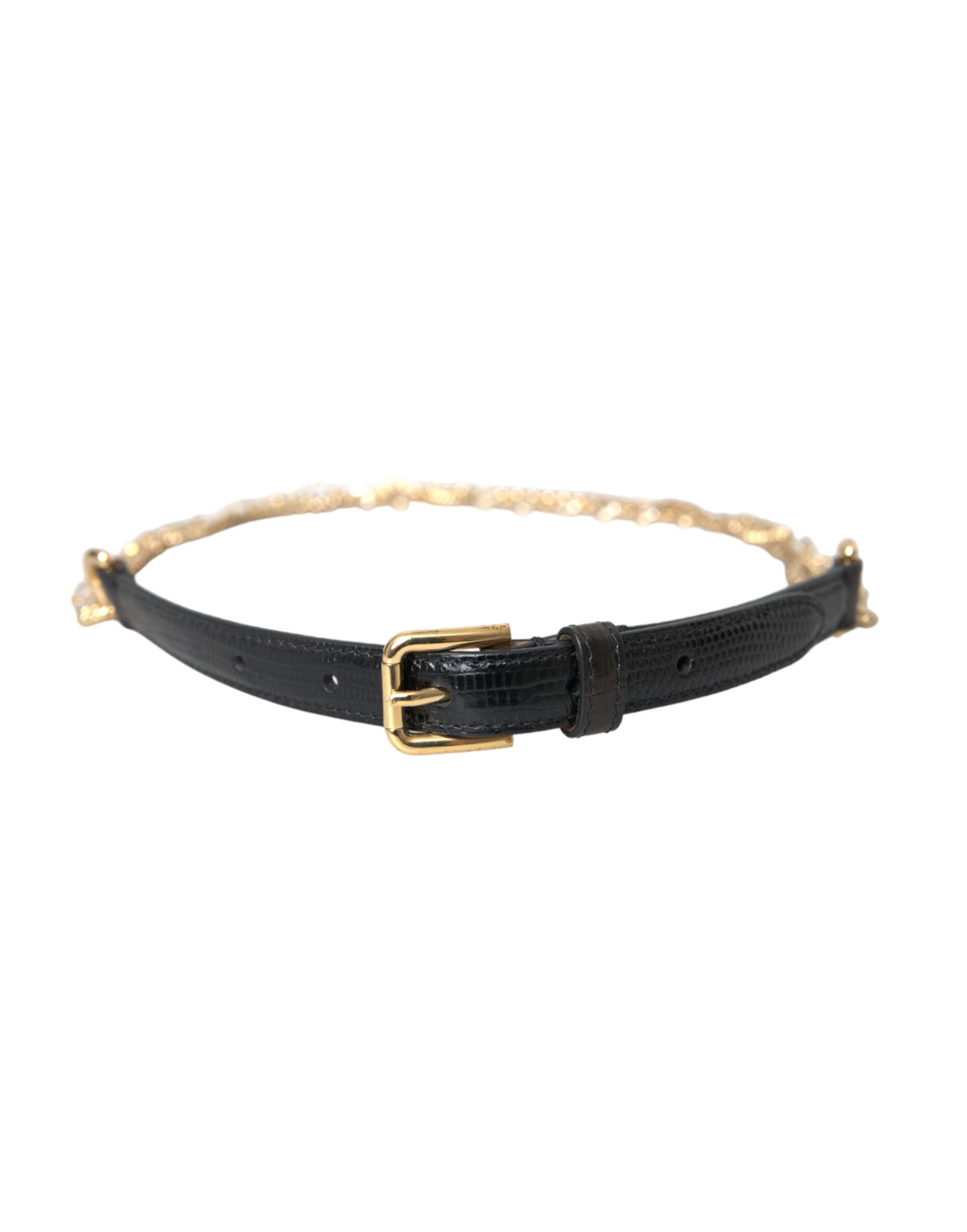 Dolce & Gabbana Black Leather Gold Chain Crystal Waist Women Women's Belt