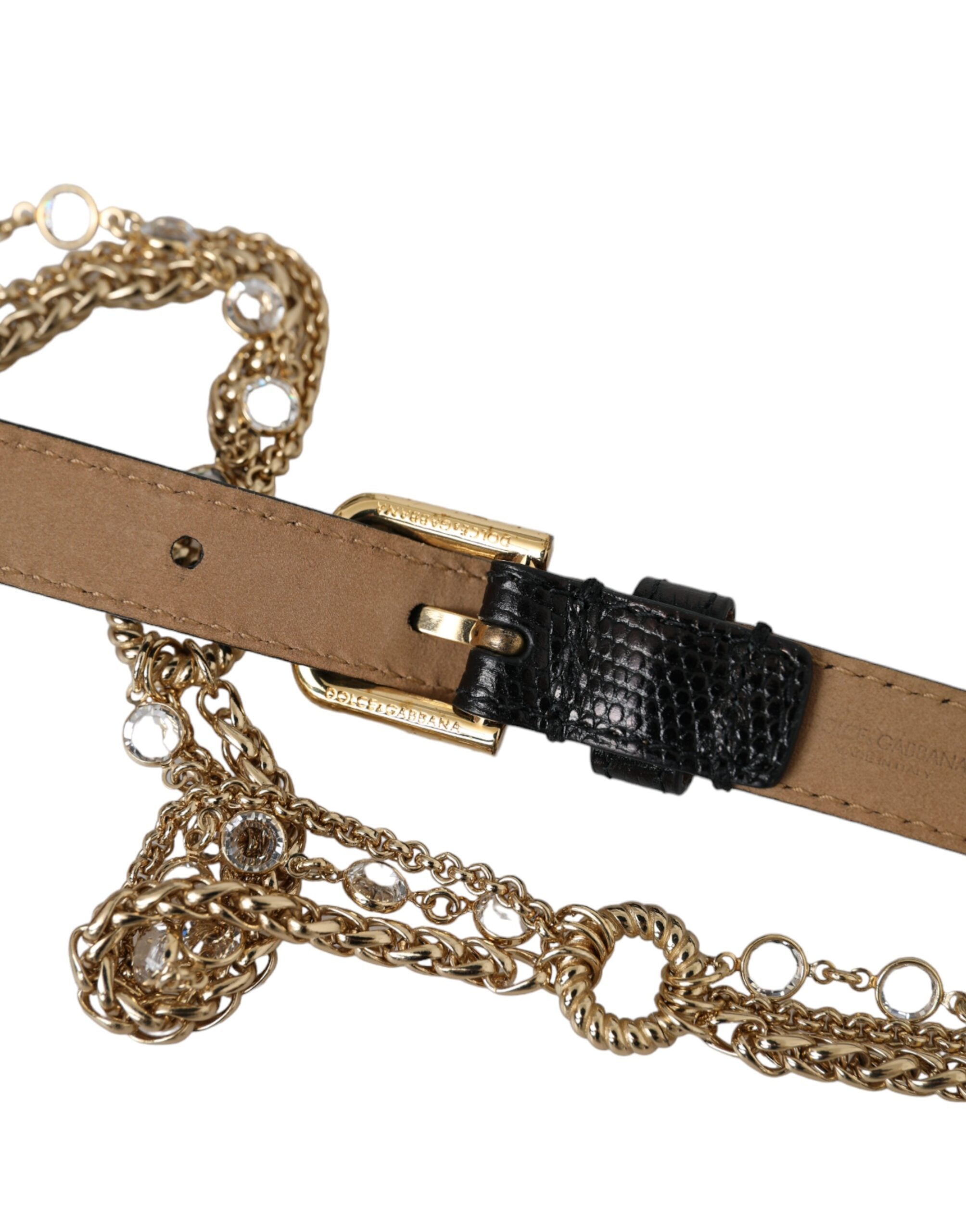 Dolce & Gabbana Black Leather Gold Chain Crystal Waist Women Women's Belt