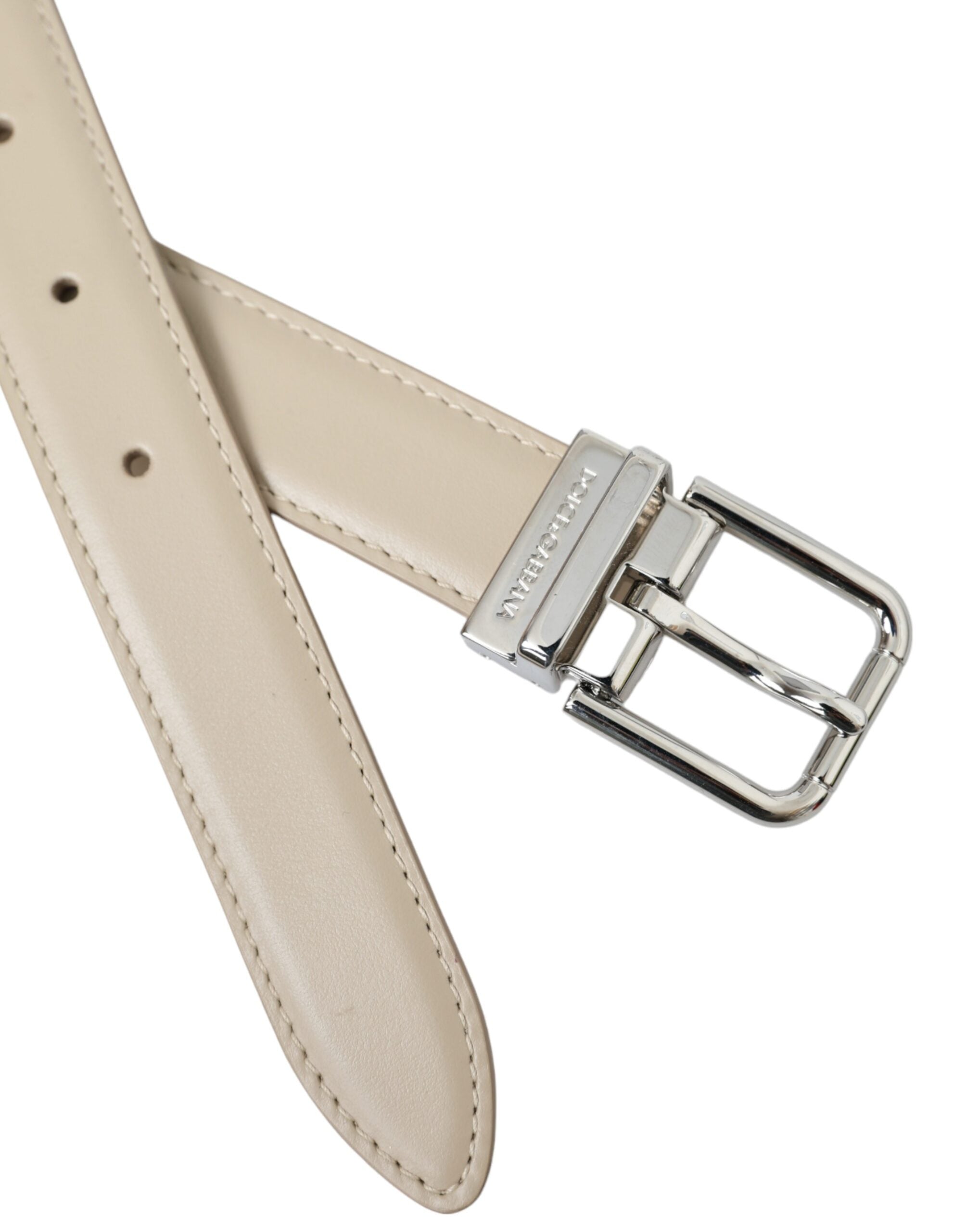 Dolce & Gabbana Beige Calfskin Leather Silver Metal Buckle Women's Belt