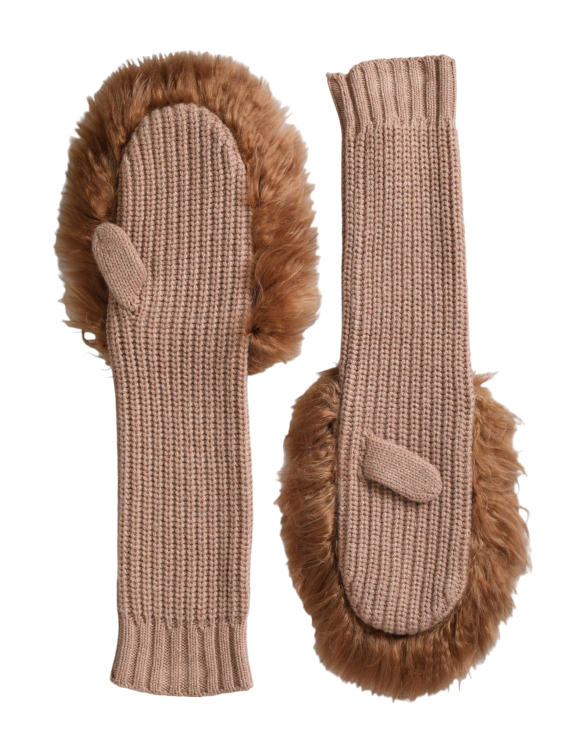Dolce & Gabbana Brown Cashmere Knitted Fur Mid Arm Mitten Women's Gloves