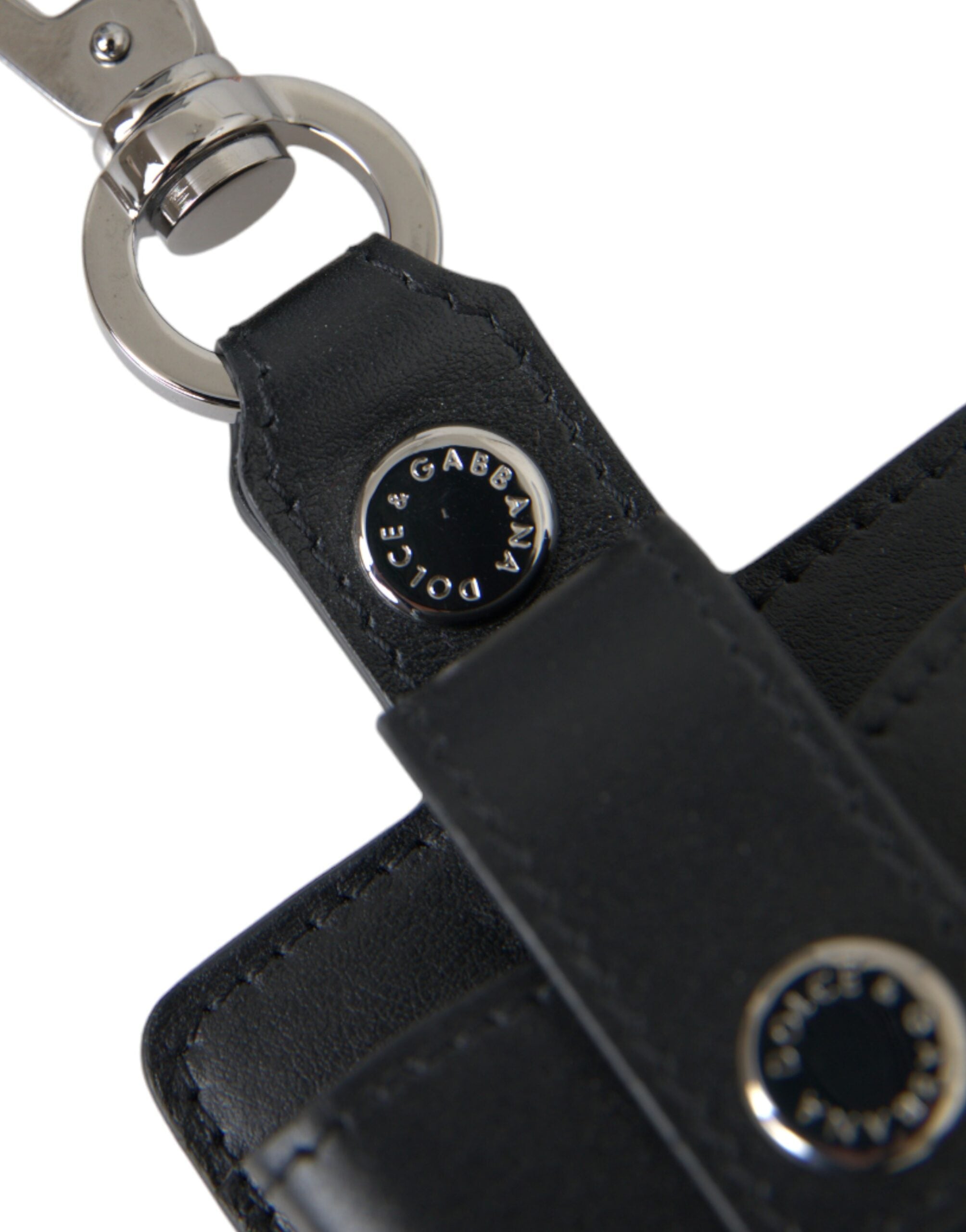 Dolce & Gabbana Black Plain Leather Silver Metal Airpods Women's Case