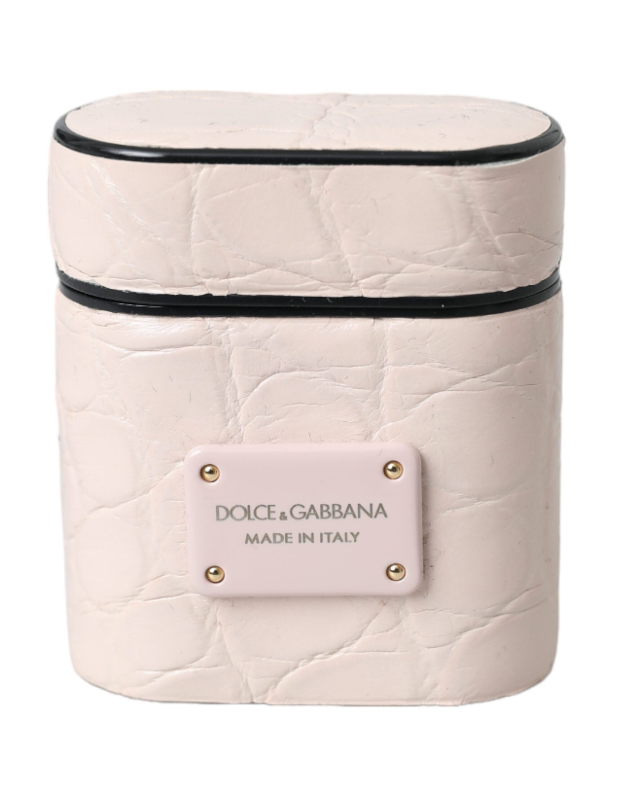 Dolce & Gabbana Light Pink Leather Metal Logo Plaque Airpods Women's Case