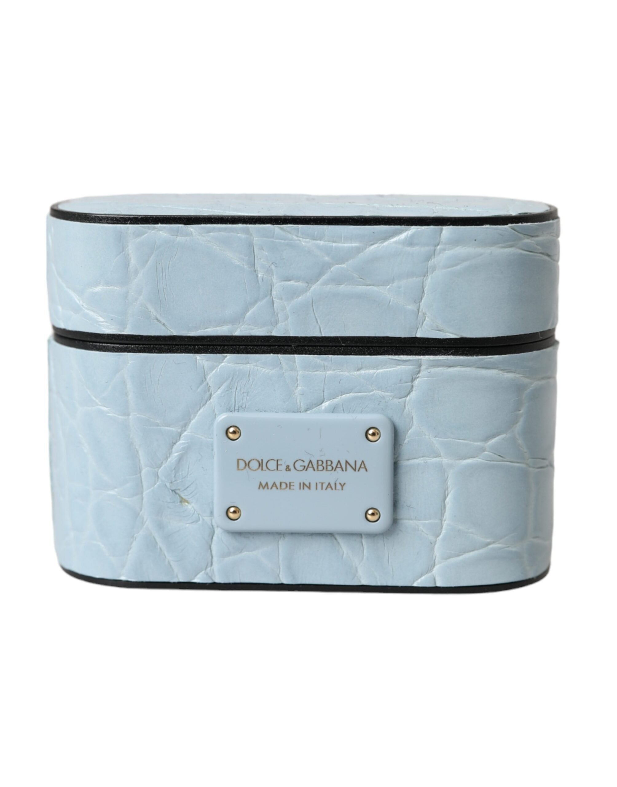 Dolce & Gabbana Light Blue Leather Metal Logo Plaque Airpods Women's Case