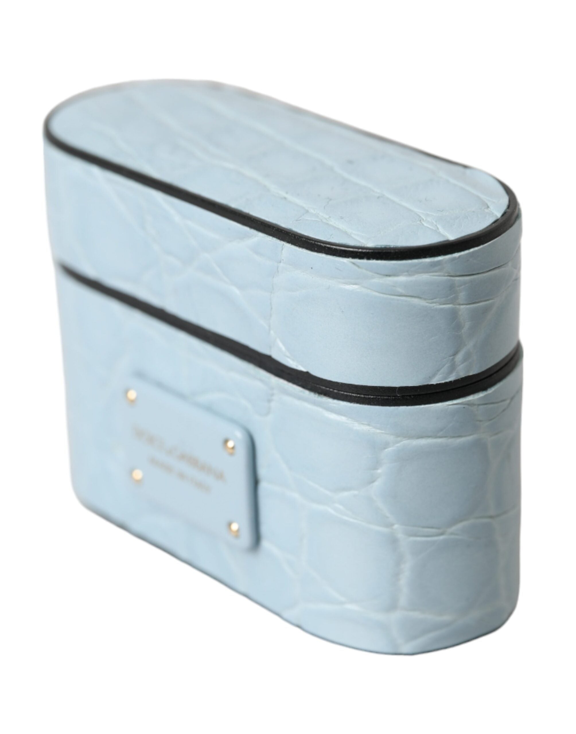 Dolce & Gabbana Light Blue Leather Metal Logo Plaque Airpods Women's Case