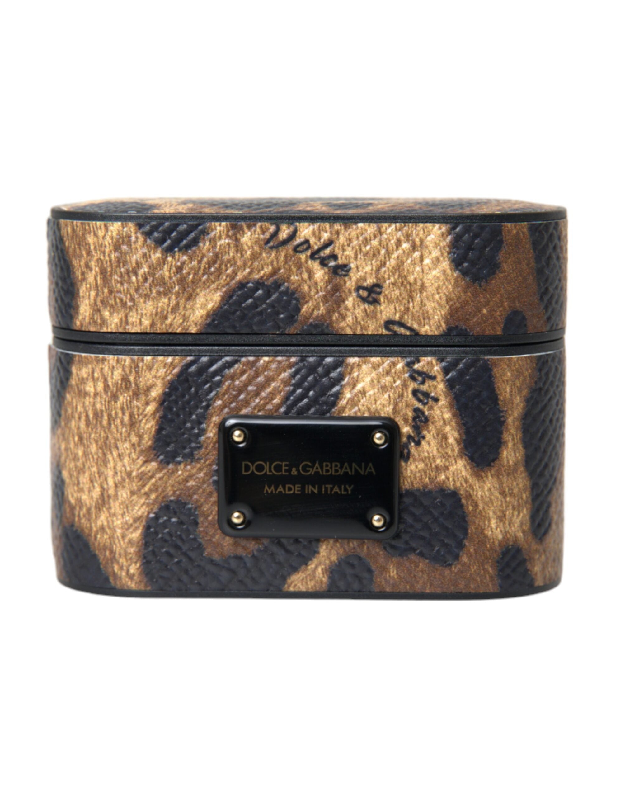 Dolce & Gabbana Brown Leopard Calf Leather Metal Logo Plaque Airpods Women's Case