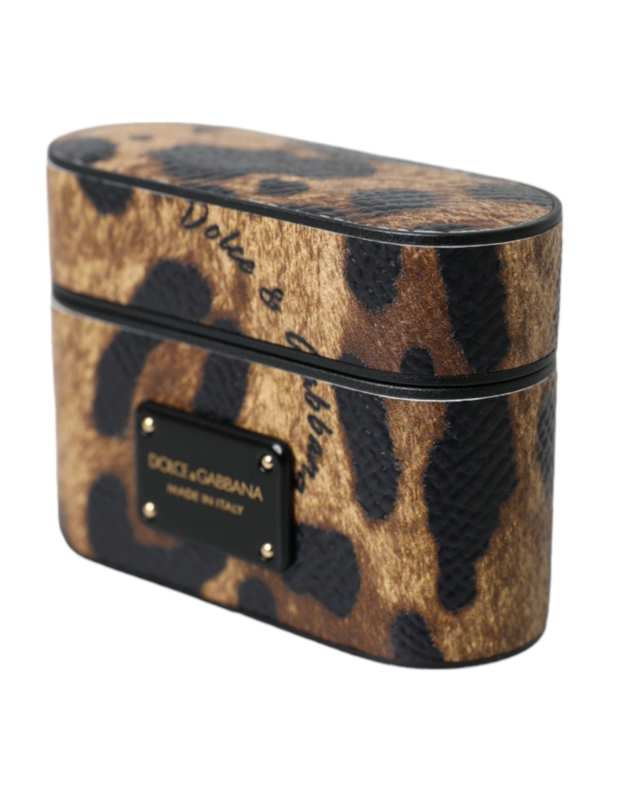 Dolce & Gabbana Brown Leopard Calf Leather Metal Logo Plaque Airpods Women's Case